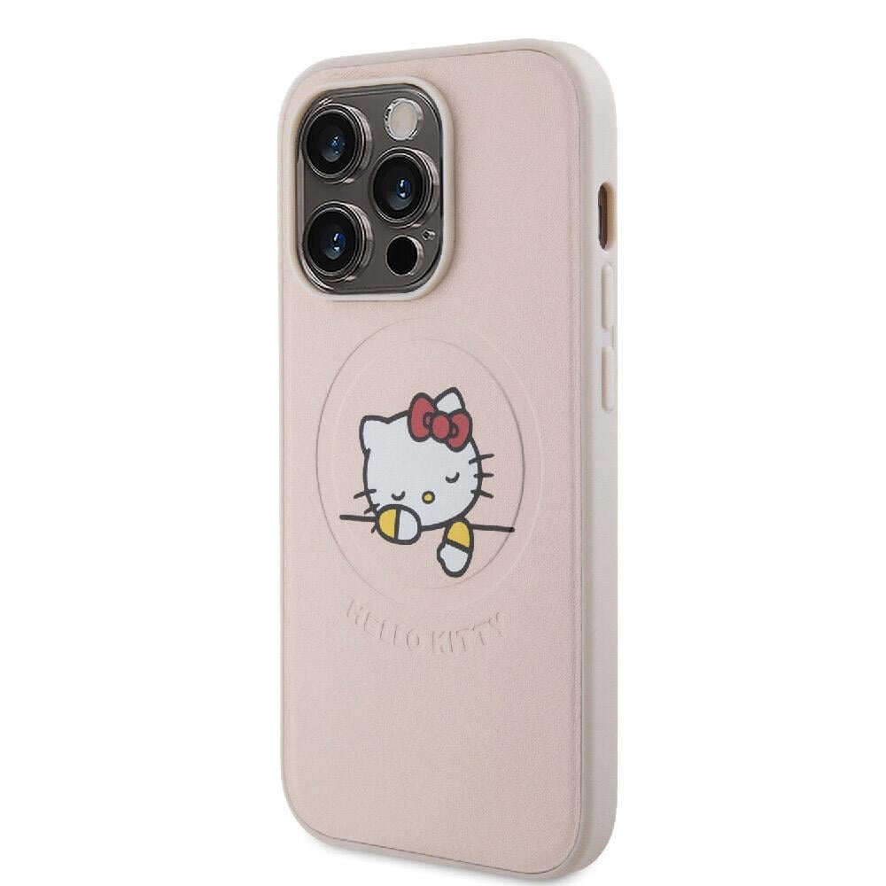 Apple iPhone 15 Pro Kılıf Hello Kitty Orjinal Lisanslı M-safe Şarj Özellikli Baskı Logolu Uyuyan Kitty Deri Kapak