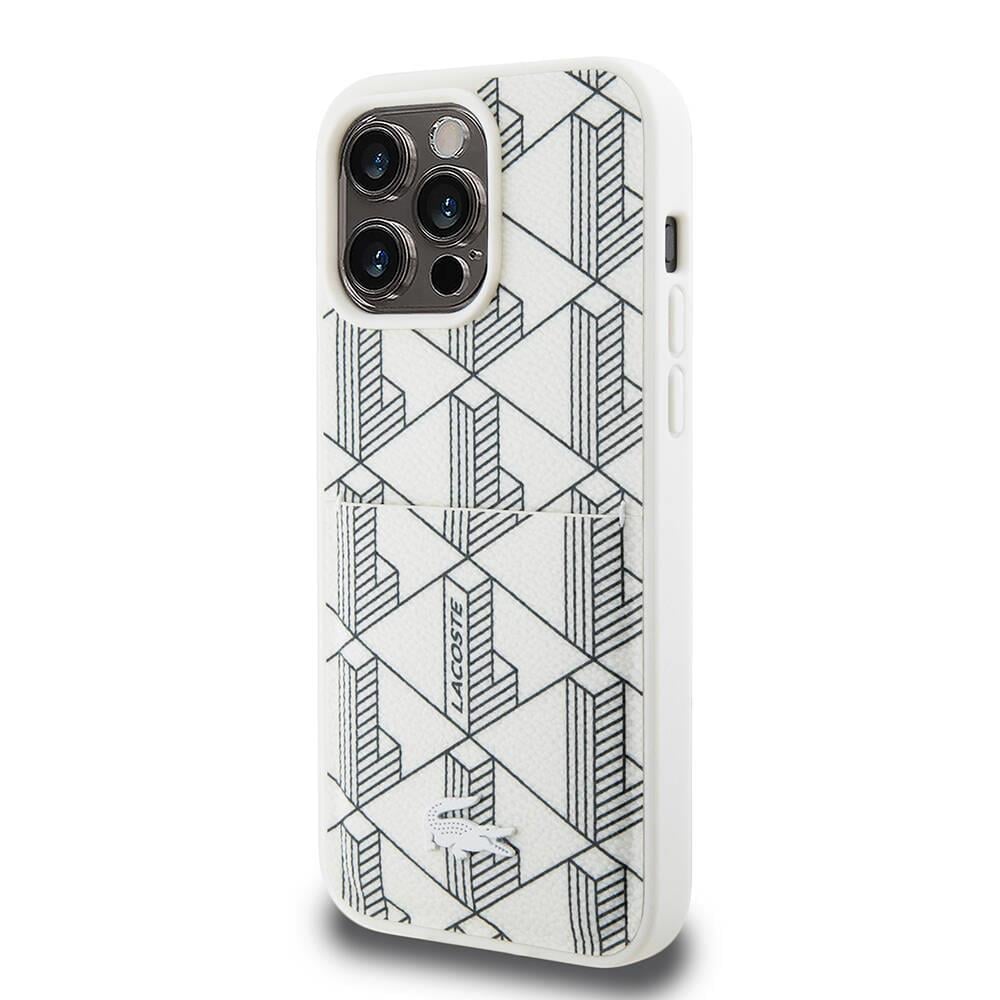 Apple iPhone 15 Pro Kılıf Lacoste Orjinal Lisanslı M-safe Şarj Özellikli PU Deri Görünümlü Kartlıklı Karışık Monogram Desenli Kapak
