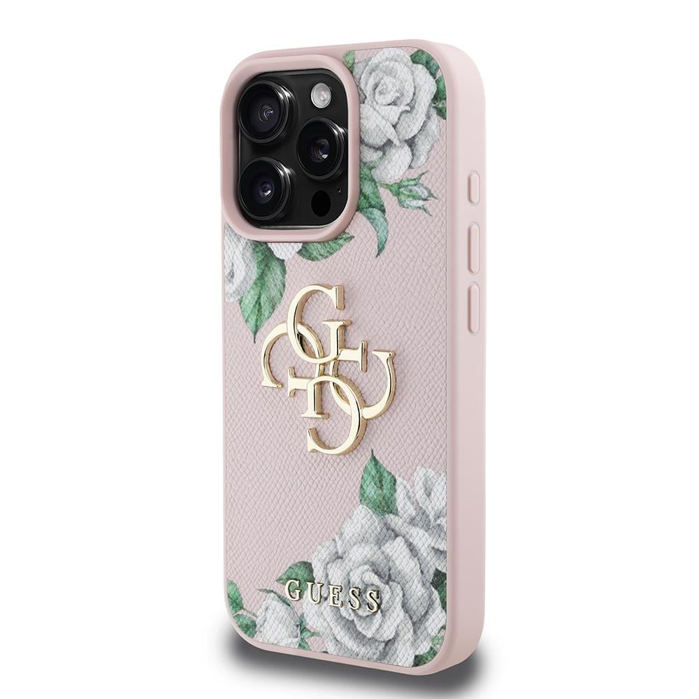 Apple iPhone 15 Pro Max Kılıf Guess Orjinal Lisanslı Gül Baskılı Büyük Metal Logo Dizaynlı Kapak