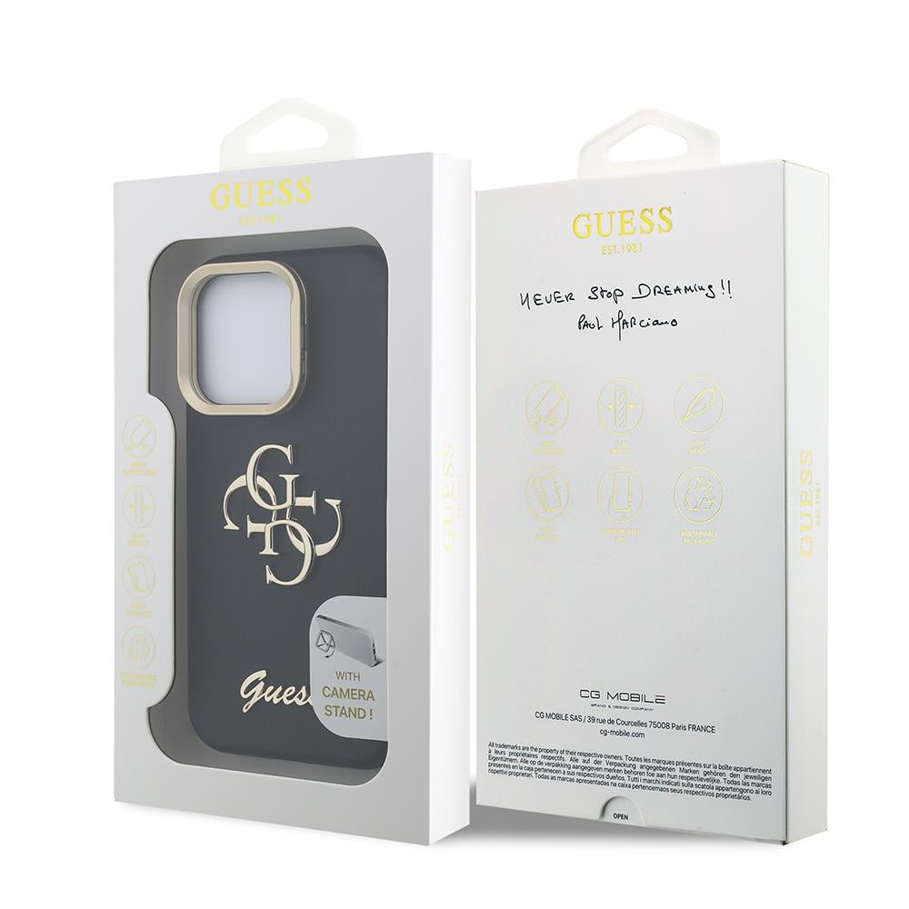 Apple iPhone 15 Pro Max Kılıf Guess Orjinal Lisanslı Grained Yazı Logolu Kamera Standlı Kapak