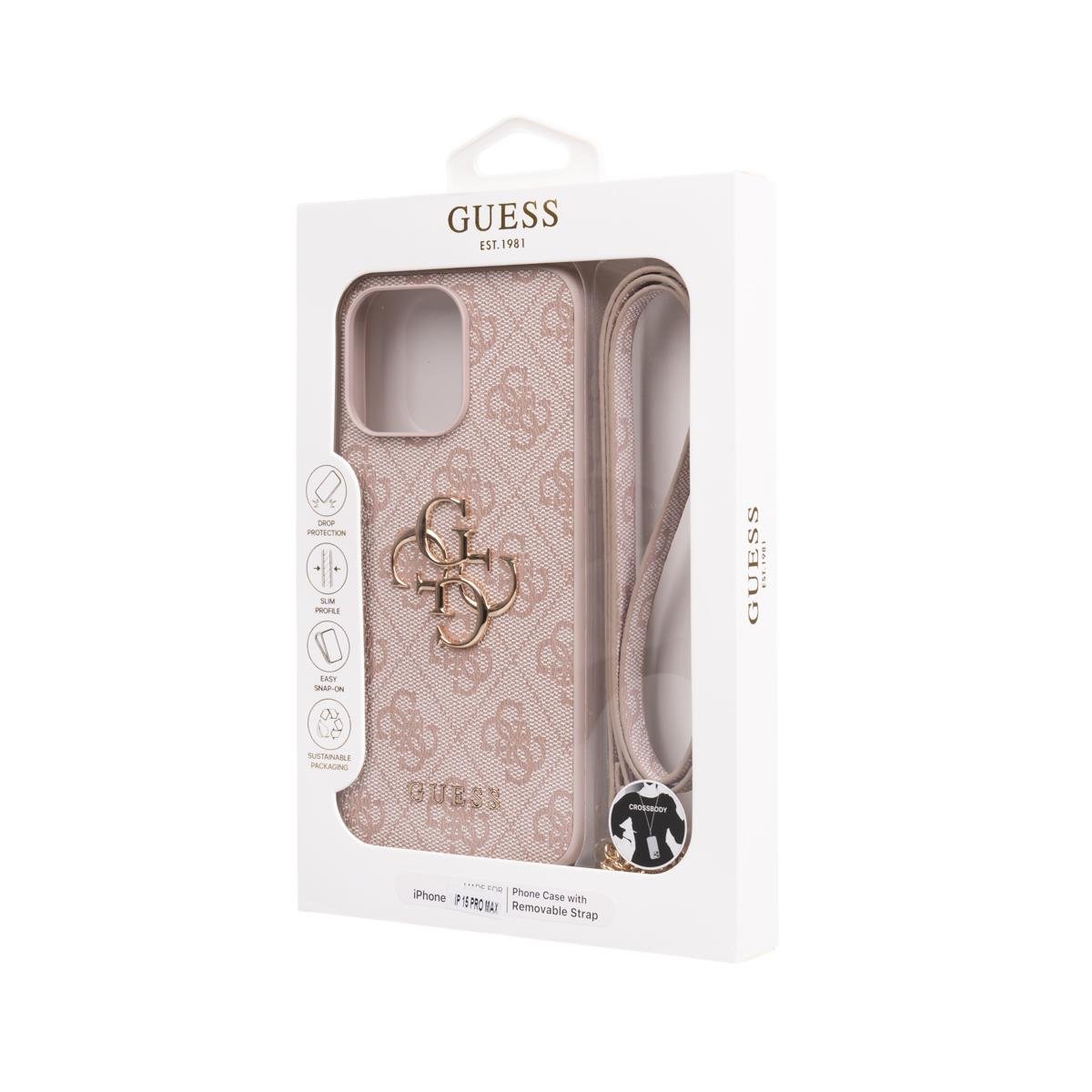 Apple iPhone 15 Pro Max Kılıf Guess Orjinal Lisanslı PU Deri 4G Büyük Metal Logolu Çapraz Vücut Askılı Kapak