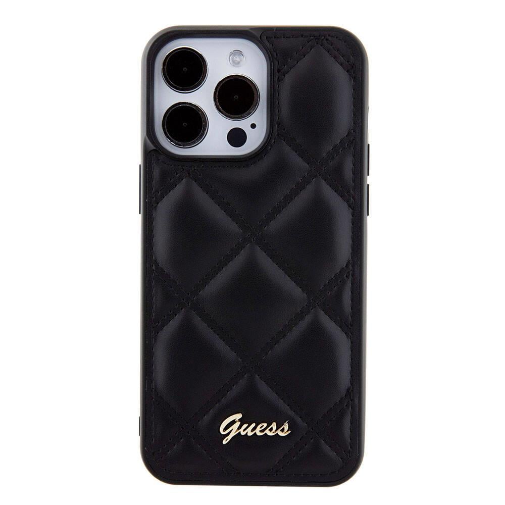 Apple iPhone 15 Pro Max Kılıf Guess Orjinal Lisanslı PU Deri Metal Yazı Logolu Kapitone Kapak