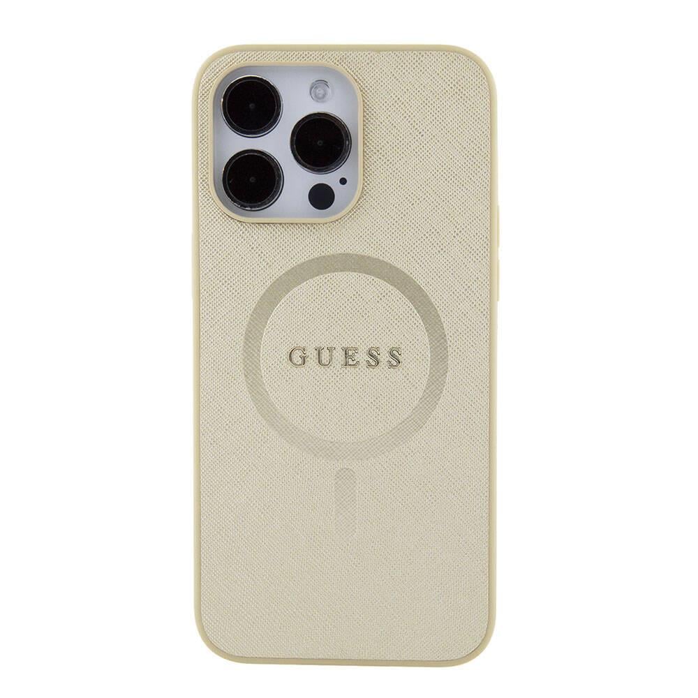 Apple iPhone 15 Pro Max Kılıf Guess Orjinal Lisanslı M-safe Şarj Özellikli Yazı Logolu Saffiano Kapak