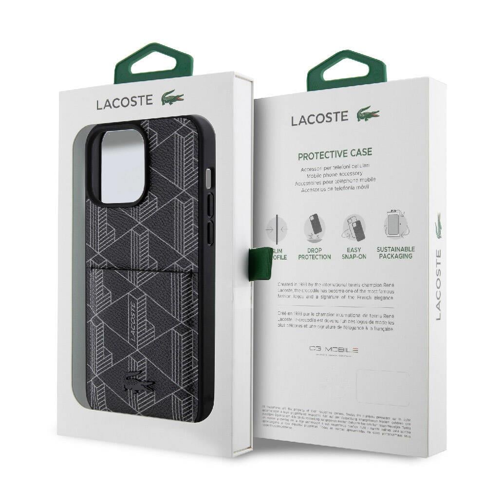 Apple iPhone 15 Pro Max Kılıf Lacoste Orjinal Lisanslı M-safe Şarj Özellikli PU Deri Görünümlü Kartlıklı Karışık Monogram Desenli Kapak