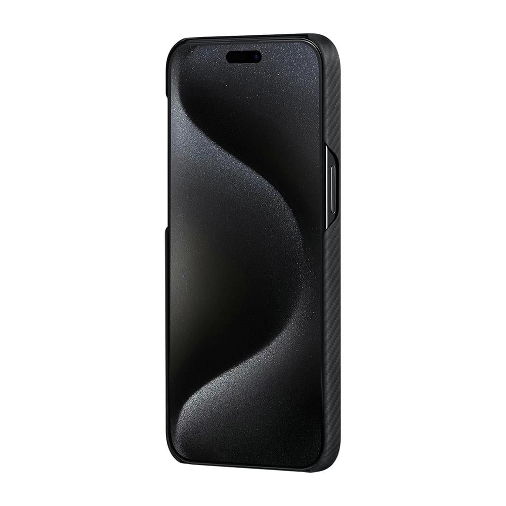 Apple iPhone 15 Pro Max Kılıf M-safe Şarj Özellikli 600D Aramid Fiber Pitaka Ultra-Slim Classic Serisi Black-Grey Twill Kapak