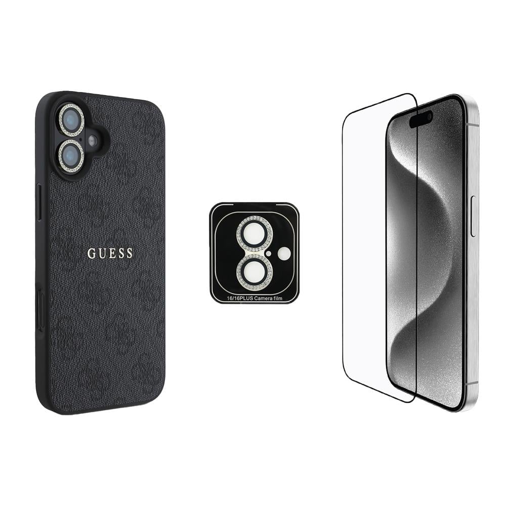 Apple iPhone 16 Guess Orjinal Lisanslı Kılıf + Ekran Koruyucu + Lens Koruyucu 3in1 Aksesuar Seti