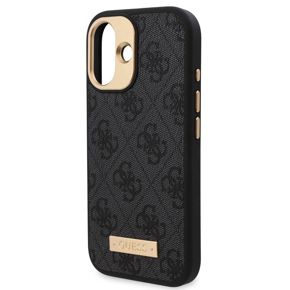 Apple iPhone 16 Kılıf Guess Orjinal Lisanslı M-safe Şarj Özellikli PU 4G Desenli Metal Plaka Klasik Logolu Kapak