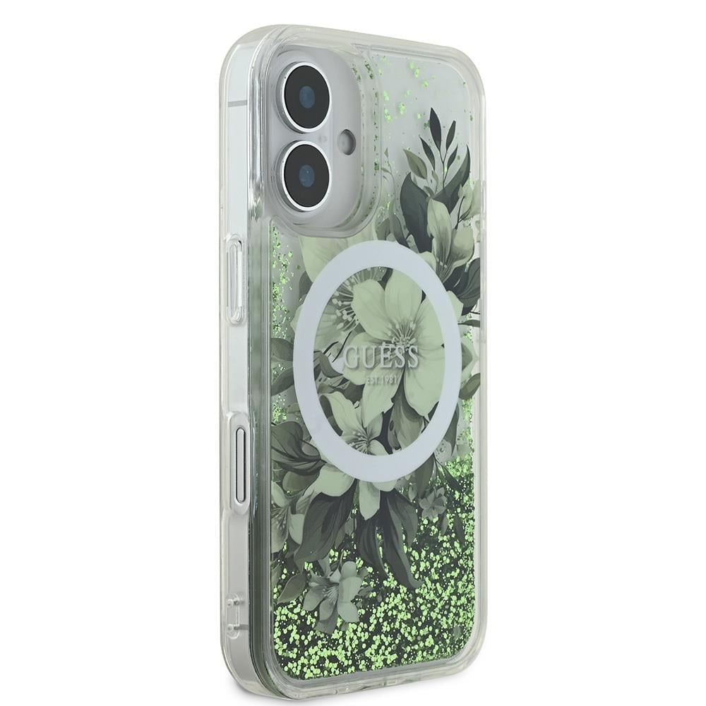 Apple iPhone 16 Kılıf Guess Orjinal Lisanslı M-safe Şarj Özellikli Sıvılı Simli Çiçek Desenli Kapak