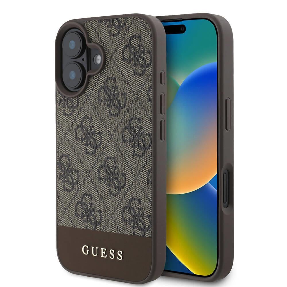 Apple iPhone 16 Kılıf Guess Orjinal Lisanslı M-safe Şarj Özellikli PU Deri Şerit Logo Dizaynlı Kapak