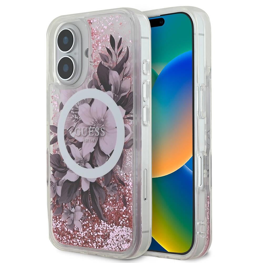 Apple iPhone 16 Kılıf Guess Orjinal Lisanslı M-safe Şarj Özellikli Sıvılı Simli Çiçek Desenli Kapak
