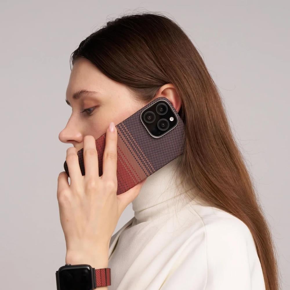 Apple iPhone 16 Kılıf M-safe Şarj Özellikli Aramid Fiber Pitaka Tactile Woven Sunset-Moonrise Serisi Sunset Kapak