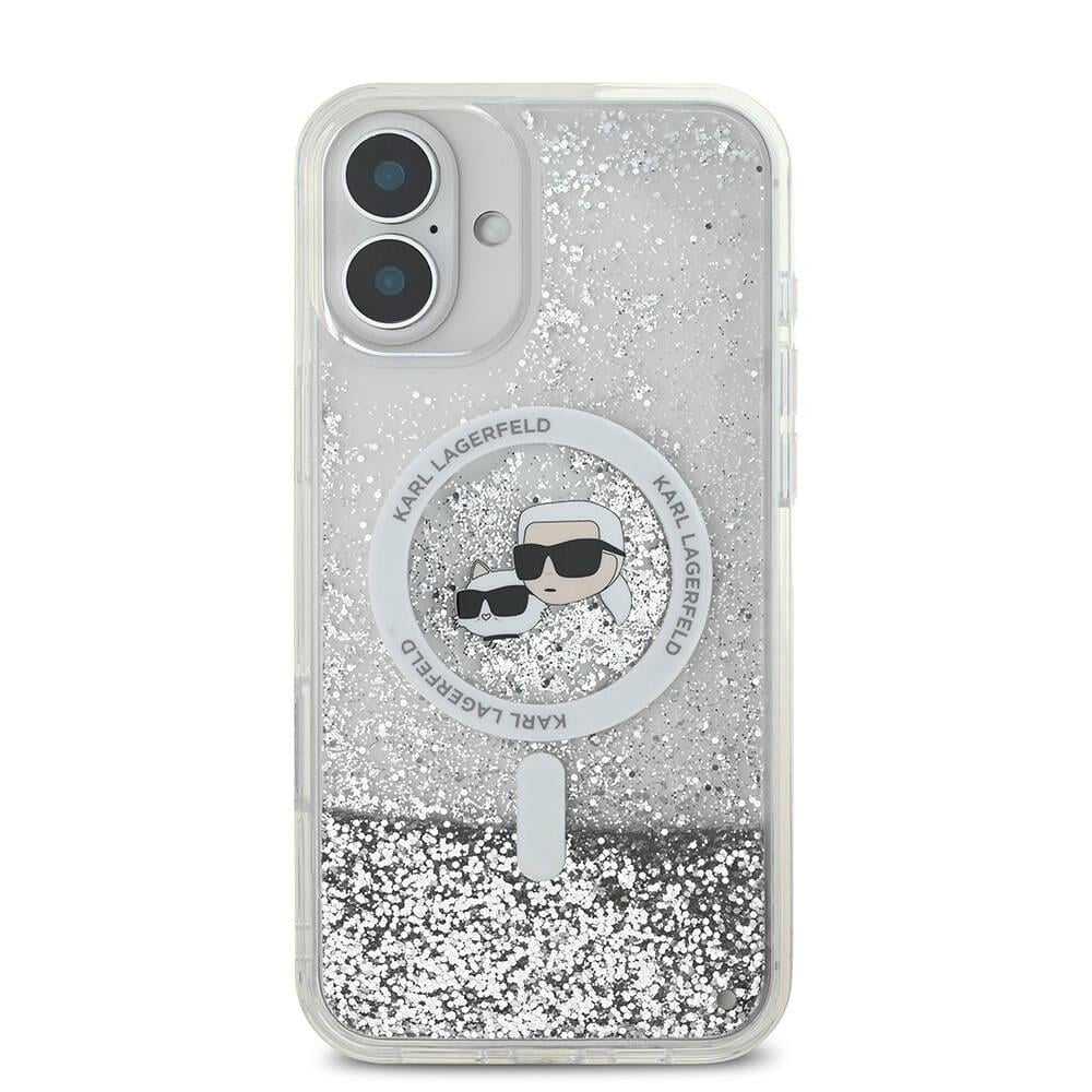 Apple iPhone 16 Plus Kılıf Karl Lagerfeld Orjinal Lisanslı M-safe Şarj Özellikli Sıvılı Simli K&C Heads Kapak
