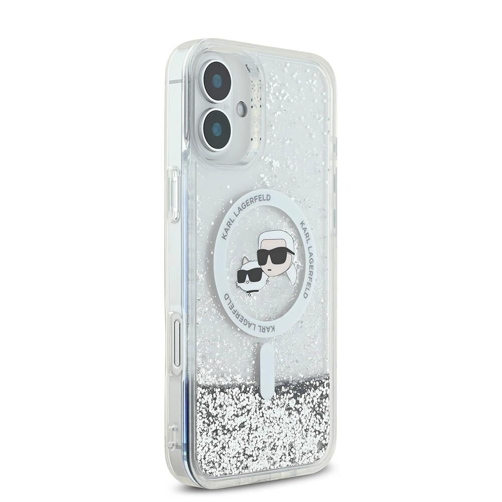 Apple iPhone 16 Plus Kılıf Karl Lagerfeld Orjinal Lisanslı M-safe Şarj Özellikli Sıvılı Simli K&C Heads Kapak