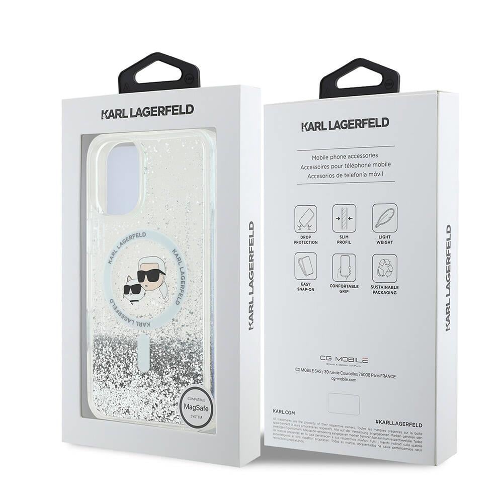 Apple iPhone 16 Plus Kılıf Karl Lagerfeld Orjinal Lisanslı M-safe Şarj Özellikli Sıvılı Simli K&C Heads Kapak