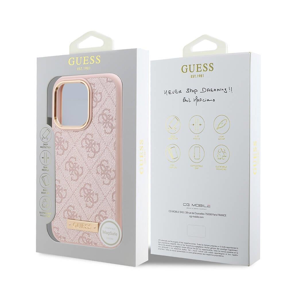 Apple iPhone 16 Pro Kılıf Guess Orjinal Lisanslı M-safe Şarj Özellikli 4G Desenli PU Metal Plaka Klasik Logolu Kapak