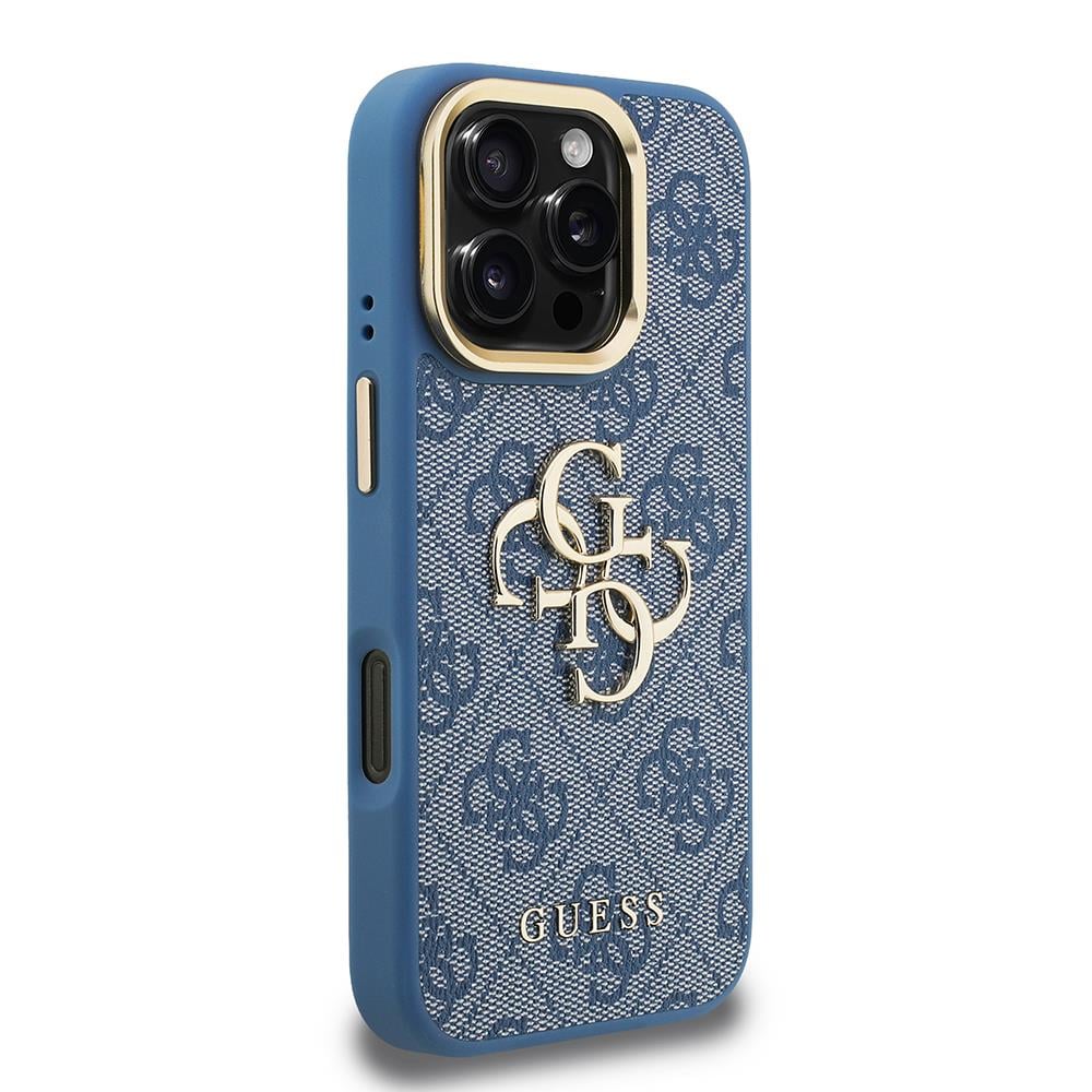 Apple iPhone 16 Pro Kılıf Guess Orjinal Lisanslı PU Deri 4G Desenli Metal Büyük 4G ve Yazı Logolu Kamera Standlı Kapak