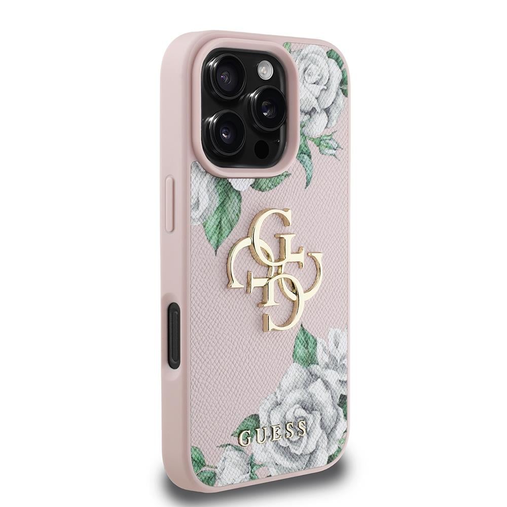 Apple iPhone 16 Pro Kılıf Guess Orjinal Lisanslı Gül Baskılı Büyük Metal Logo Dizaynlı Kapak