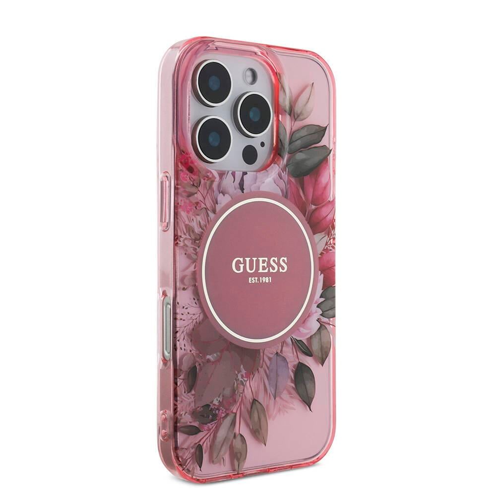 Apple iPhone 16 Pro Kılıf Guess Orjinal Lisanslı M-safe Şarj Özellikli IML Baskılı Çiçek İnci Bileklikli Kapak