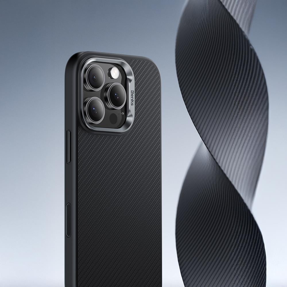 Apple iPhone 16 Pro Kılıf Karbon Fiber M-safe Şarj Özellikli Kamerra Kontrol Butonlu Benks Hybrid ArmorPro 600D Kevlar Kapak