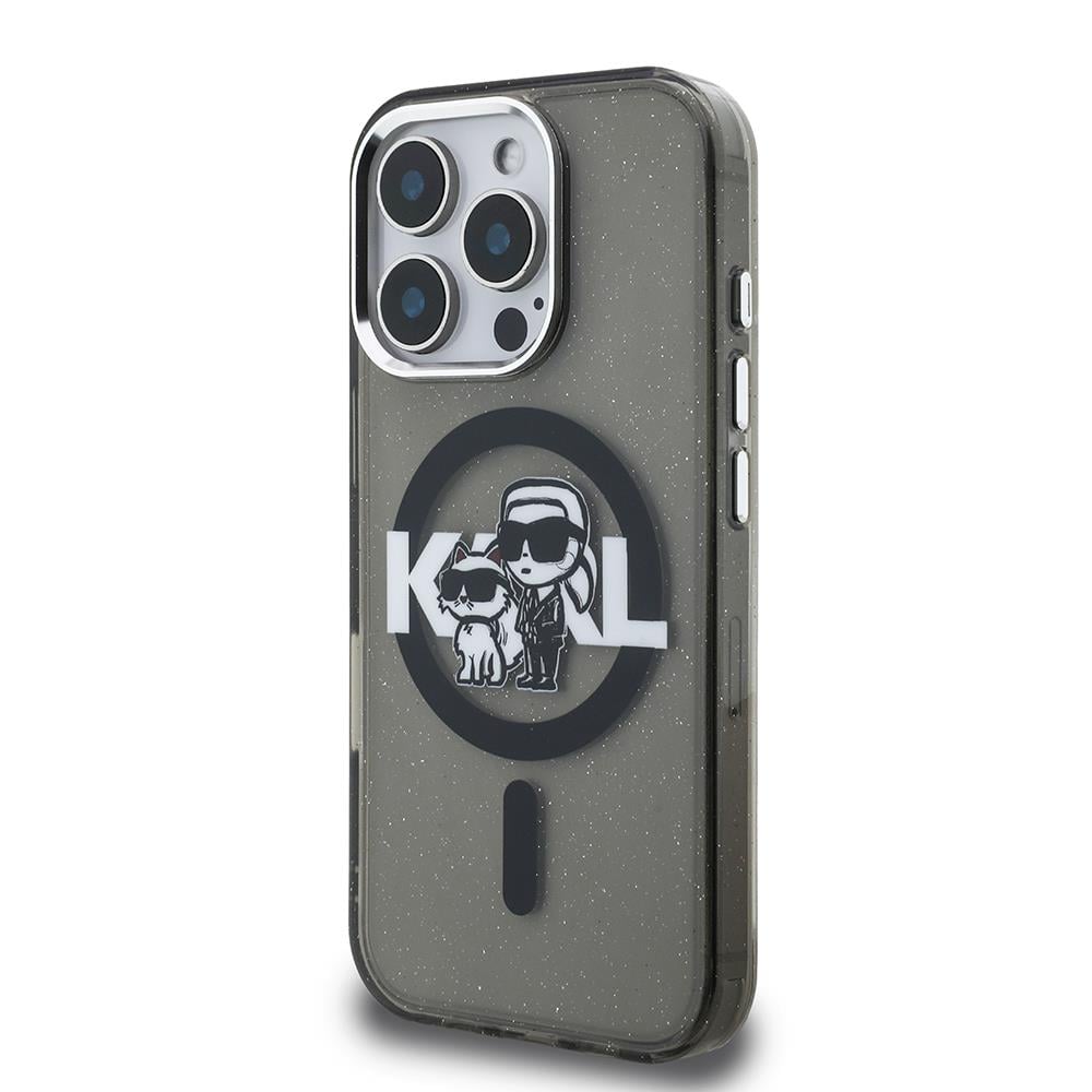 Apple iPhone 16 Pro Kılıf Karl Lagerfeld Orjinal Lisanslı Parlayan Simli Karl & Choupette Sketch Logo Kapak