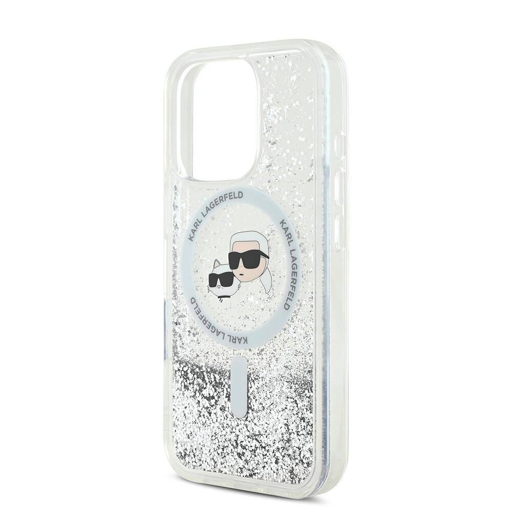 Apple iPhone 16 Pro Kılıf Karl Lagerfeld Orjinal Lisanslı M-safe Şarj Özellikli Sıvılı Simli KC Heads Kapak