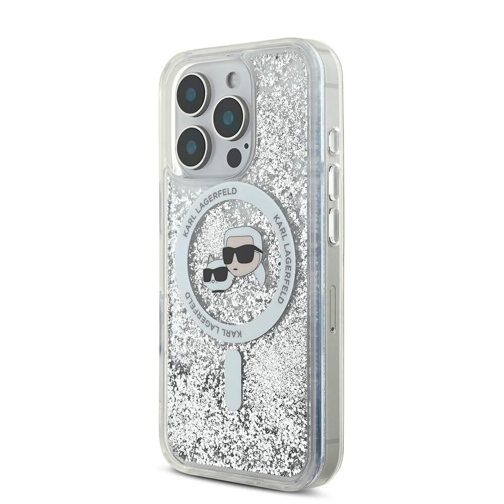Apple iPhone 16 Pro Kılıf Karl Lagerfeld Orjinal Lisanslı M-safe Şarj Özellikli Sıvılı Simli KC Heads Kapak
