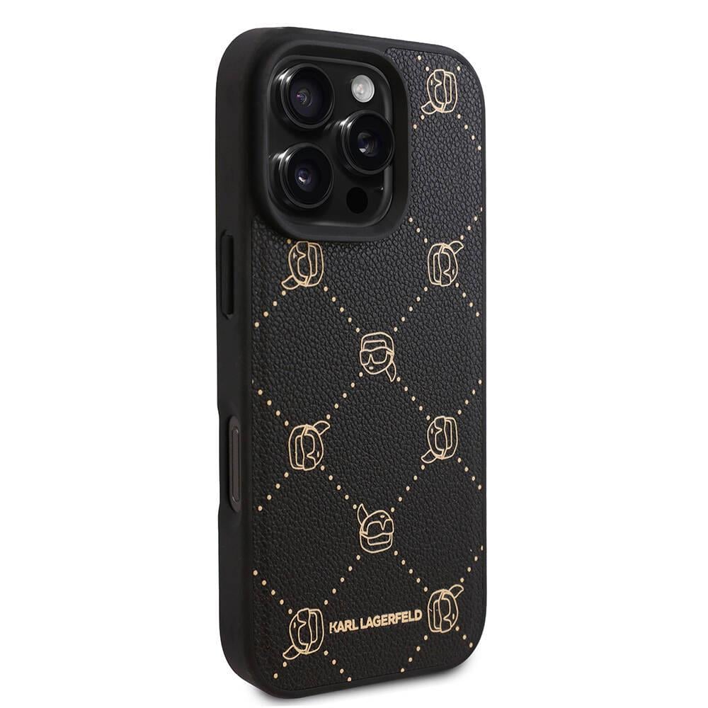 Apple iPhone 16 Pro Kılıf Karl Lagerfeld Orjinal Lisanslı M-safe Şarj Özellikli PU Deri Karl Heads Desenli Klasik Logolu Kapak