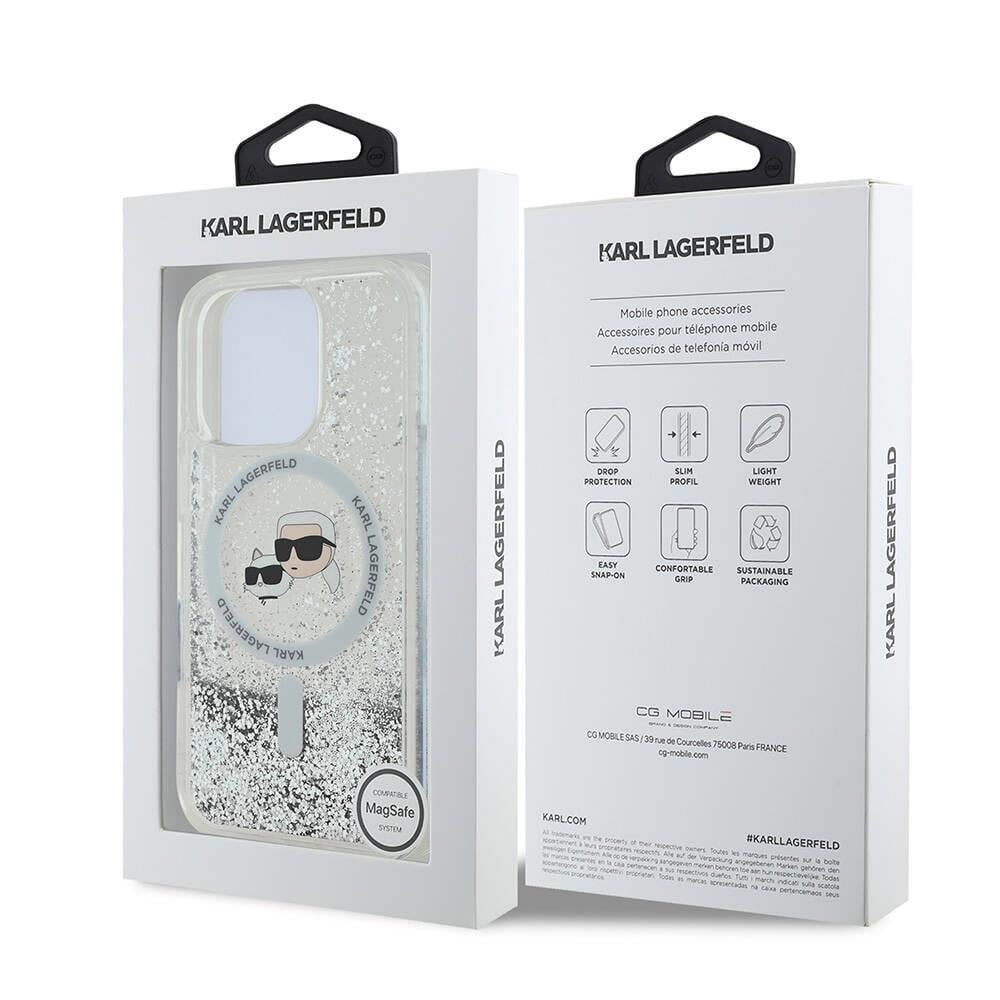 Apple iPhone 16 Pro Kılıf Karl Lagerfeld Orjinal Lisanslı M-safe Şarj Özellikli Sıvılı Simli KC Heads Kapak