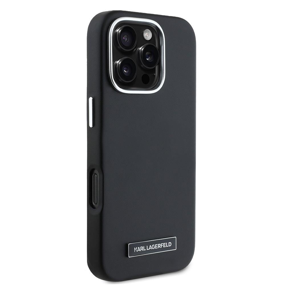 Apple iPhone 16 Pro Kılıf Karl Lagerfeld Orjinal Lisanslı M-safe Şarj Özellikli Metal Kamera ve Buton Tasarımlı Plaka Logolu PU Deri Kapak
