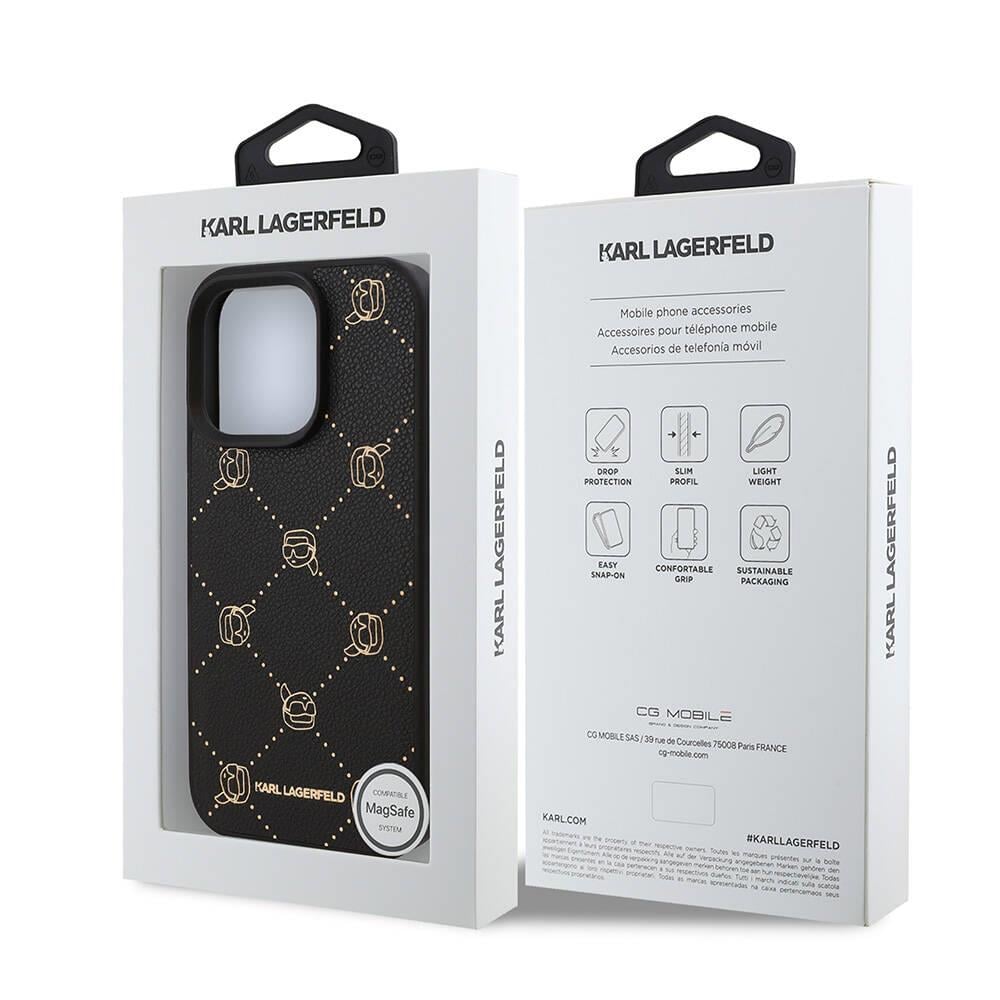 Apple iPhone 16 Pro Kılıf Karl Lagerfeld Orjinal Lisanslı M-safe Şarj Özellikli PU Deri Karl Heads Desenli Klasik Logolu Kapak
