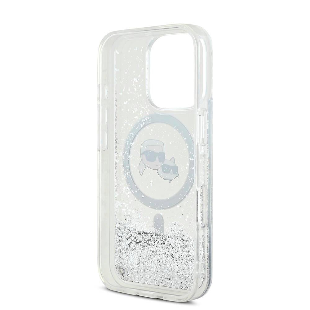 Apple iPhone 16 Pro Kılıf Karl Lagerfeld Orjinal Lisanslı M-safe Şarj Özellikli Sıvılı Simli KC Heads Kapak
