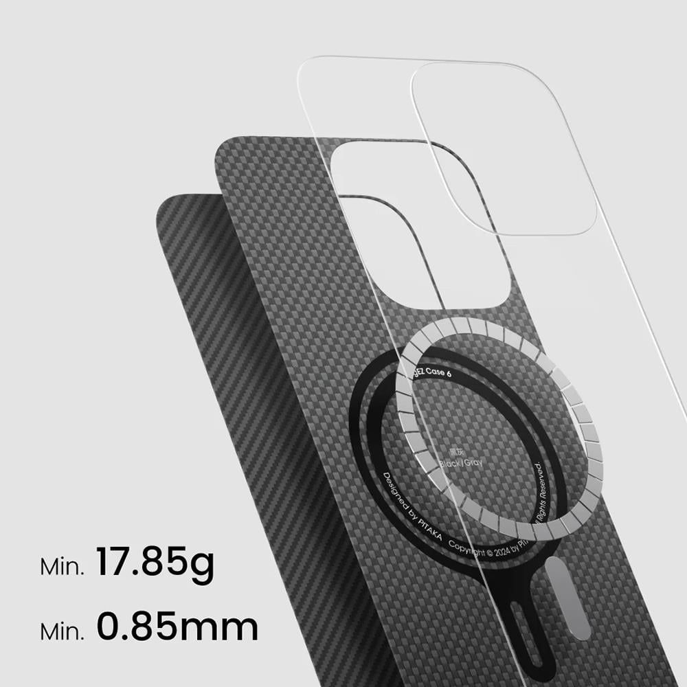 Apple iPhone 16 Pro Kılıf M-safe Şarj Özellikli 600D Aramid Fiber Pitaka Ultra-Slim Classic Serisi Black-Grey Twill Kapak