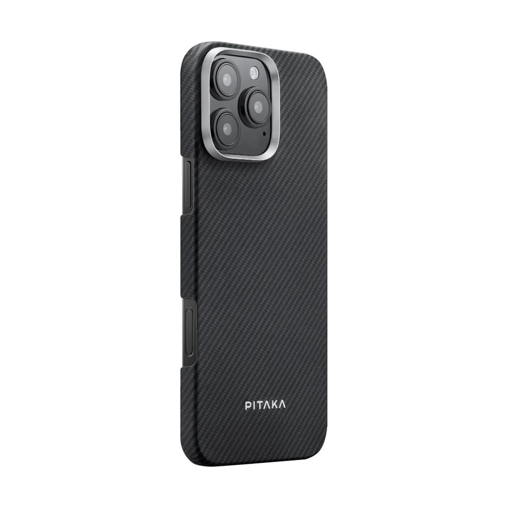 Apple iPhone 16 Pro Kılıf M-safe Şarj Özellikli 600D Aramid Fiber Pitaka Ultra-Slim Classic Serisi Black-Grey Twill Kapak