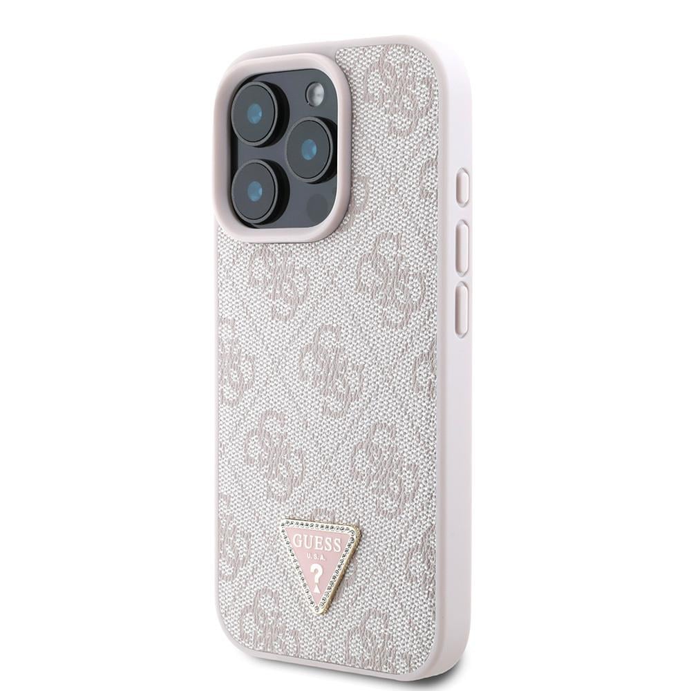 Apple iPhone 16 Pro Max Kılıf Guess Orjinal Lisanslı PU Deri Taşlı Üçgen Logo 4G Desenli Strass Kapak