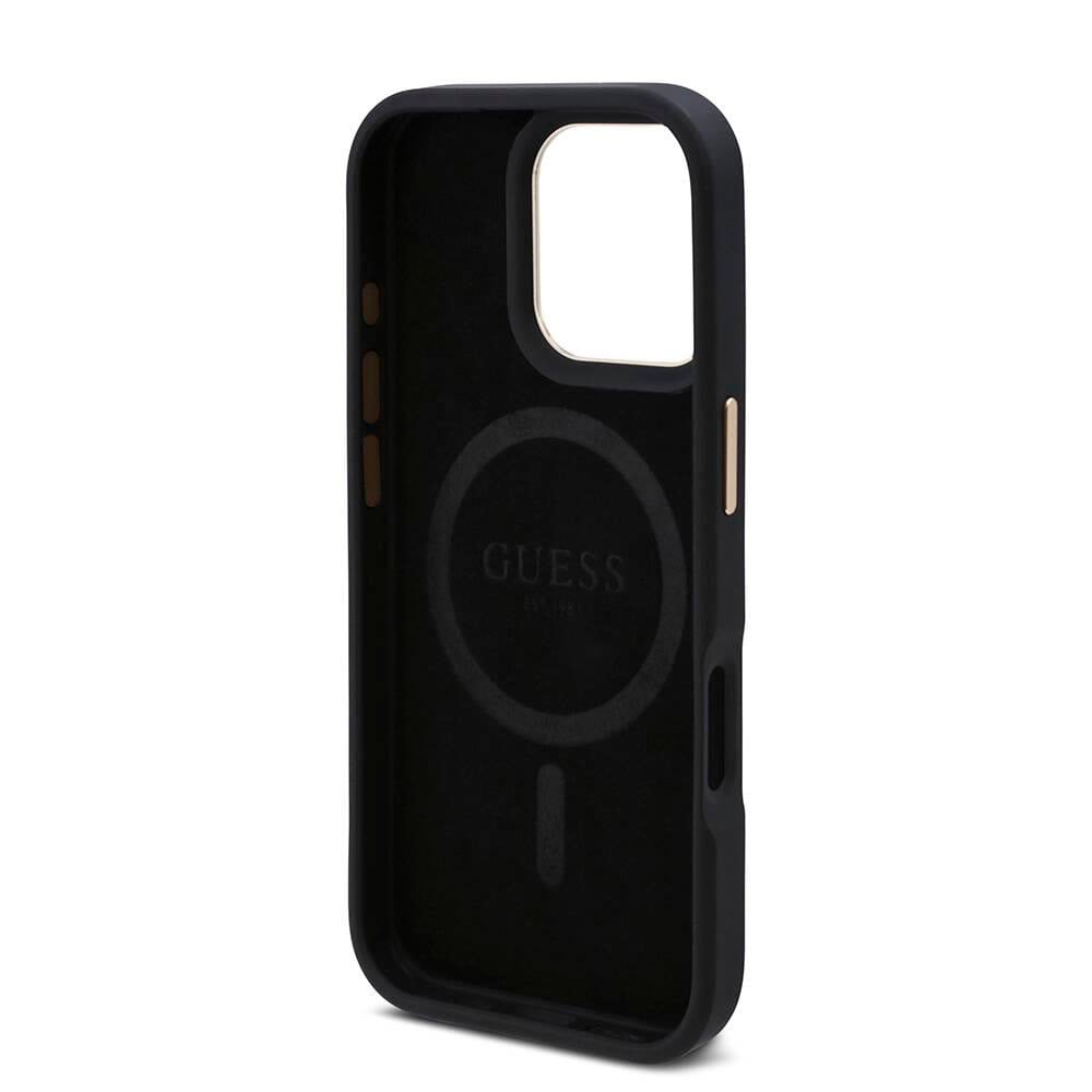 Apple iPhone 16 Pro Max Kılıf Guess Orjinal Lisanslı M-safe Şarj Özellikli 4G Desenli PU Metal Plaka Klasik Logolu Kapak