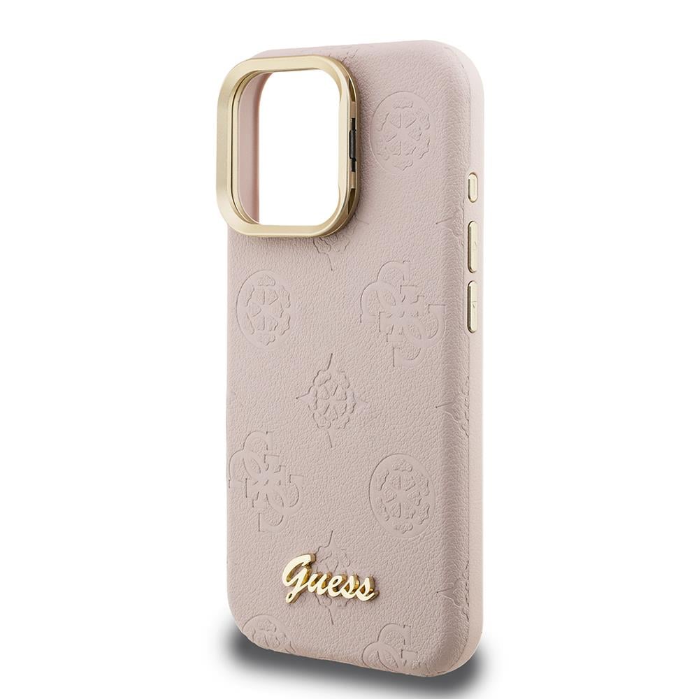 Apple iPhone 16 Pro Max Kılıf Guess Orjinal Lisanslı M-safe Şarj Özellikli Sıcak Baskılı Yazı Logolu Kamera Standlı PU Deri Peony Kapak