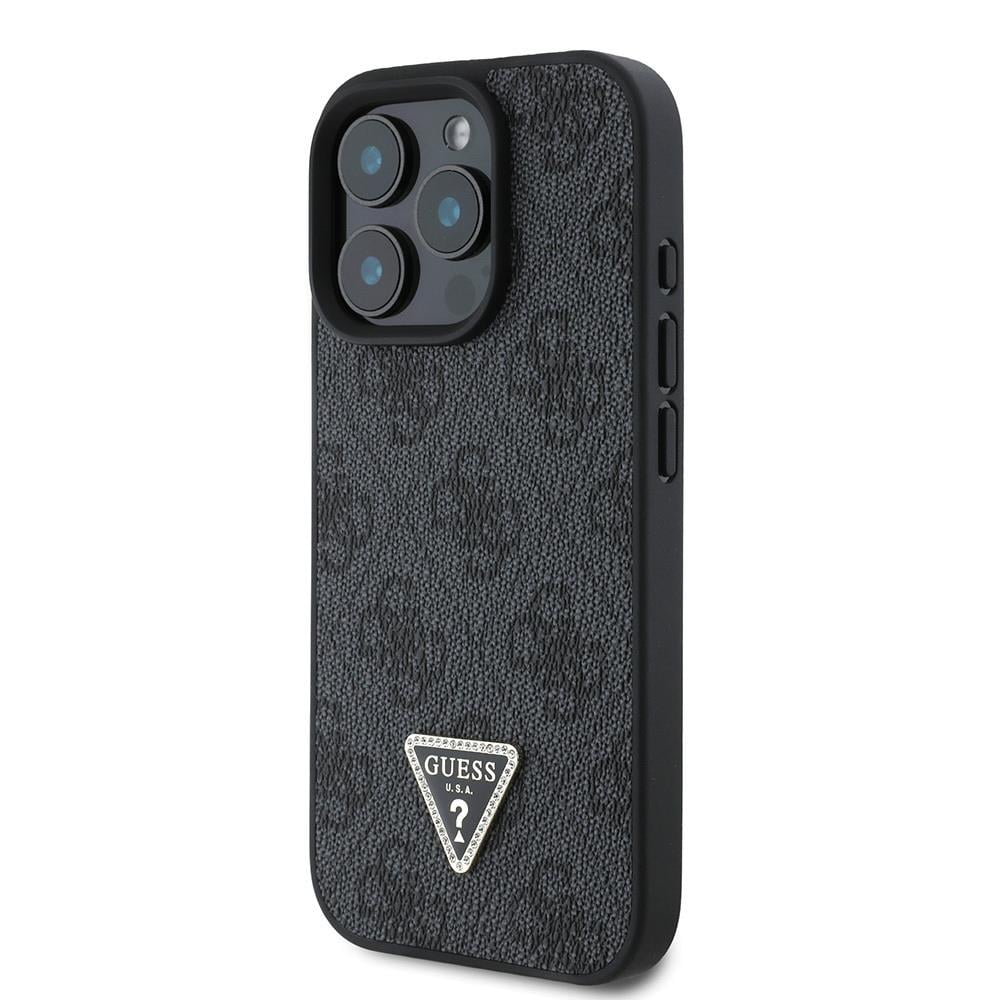 Apple iPhone 16 Pro Max Kılıf Guess Orjinal Lisanslı PU Deri Taşlı Üçgen Logo 4G Desenli Strass Kapak