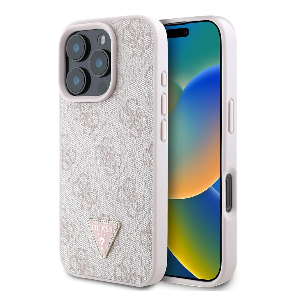 Apple iPhone 16 Pro Max Kılıf Guess Orjinal Lisanslı PU Deri Taşlı Üçgen Logo 4G Desenli Strass Kapak