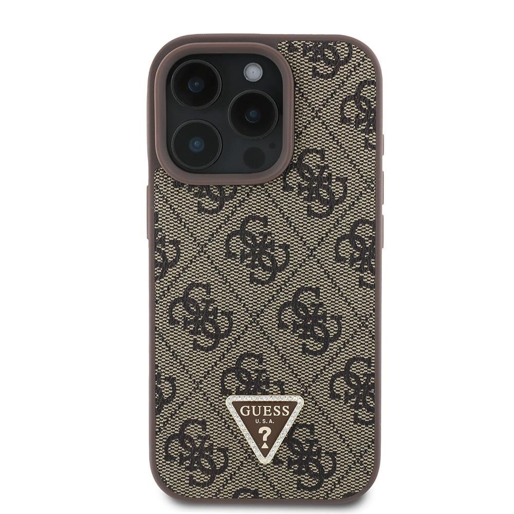 Apple iPhone 16 Pro Max Kılıf Guess Orjinal Lisanslı PU Deri Taşlı Üçgen Logo 4G Desenli Strass Kapak