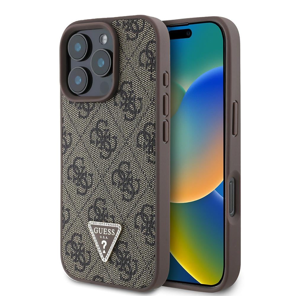 Apple iPhone 16 Pro Max Kılıf Guess Orjinal Lisanslı PU Deri Taşlı Üçgen Logo 4G Desenli Strass Kapak