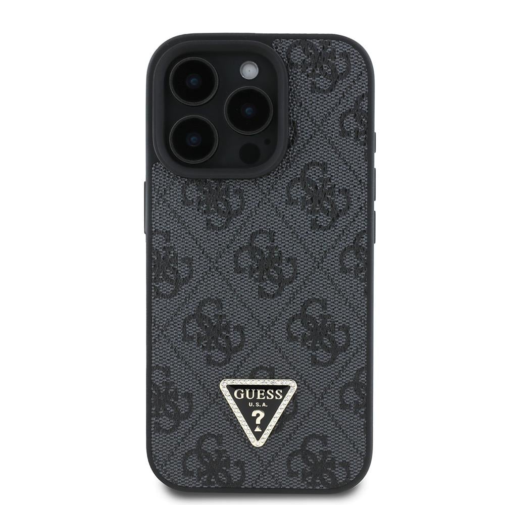Apple iPhone 16 Pro Max Kılıf Guess Orjinal Lisanslı PU Deri Taşlı Üçgen Logo 4G Desenli Strass Kapak