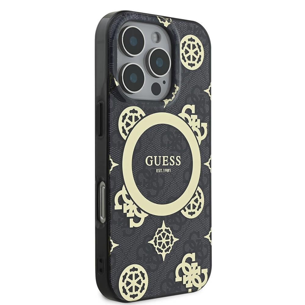 Apple iPhone 16 Pro Max Kılıf Guess Orjinal Lisanslı M-safe Şarj Özellikli IML Peony ve 4G Desenli Klasik Logolu Kapak