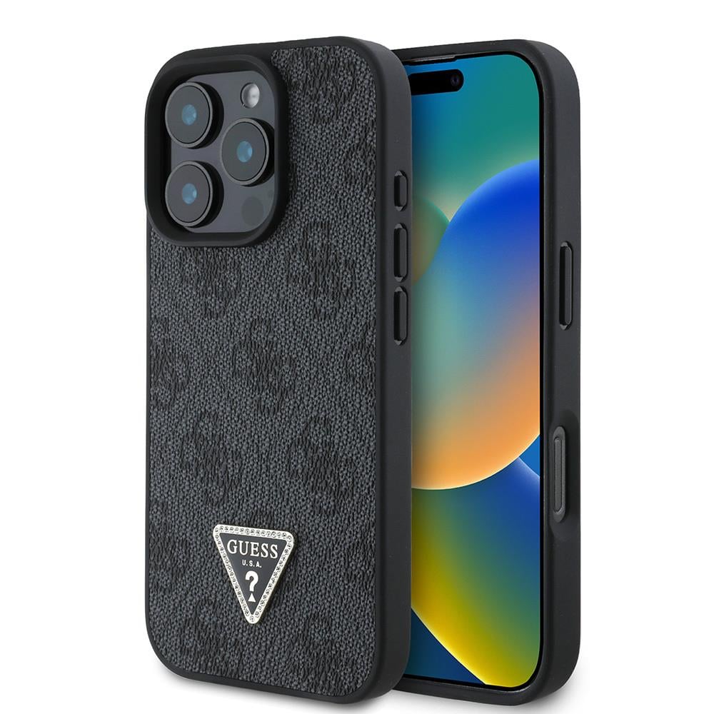 Apple iPhone 16 Pro Max Kılıf Guess Orjinal Lisanslı PU Deri Taşlı Üçgen Logo 4G Desenli Strass Kapak