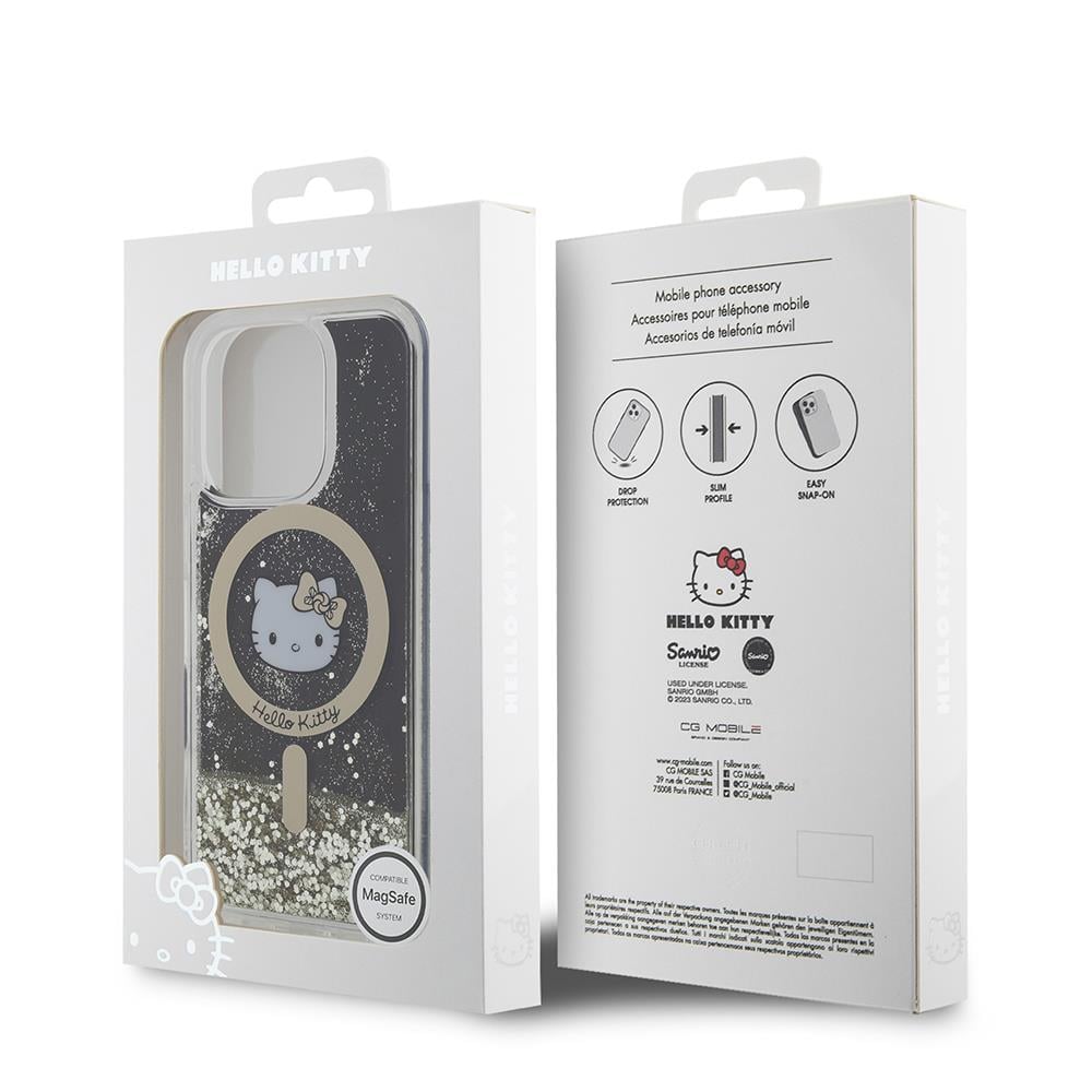 Apple iPhone 16 Pro Max Kılıf Hello Kitty Orjinal Lisanslı M-safe Şarj Özellikli IML Baskı Kitty Head Logolu Sıvılı Simli Altın Ateşi Kapak