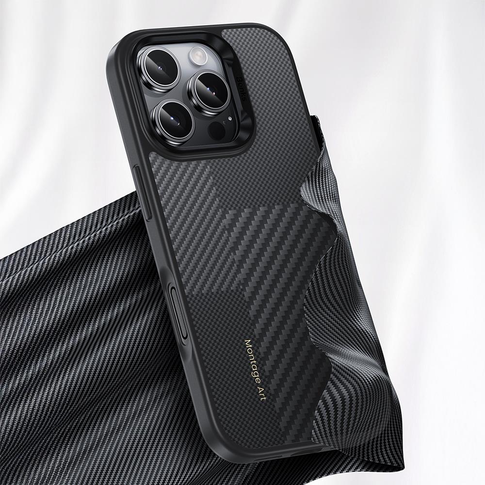 Apple iPhone 16 Pro Max Kılıf Karbon Fiber M-safe Şarj Özellikli Kamerra Kontrol Butonlu Benks Hybrid ArmorPro Montage Kevlar Kapak
