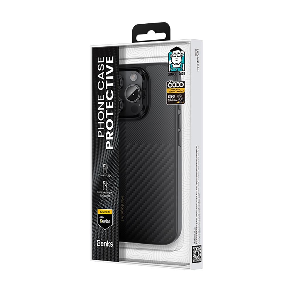 Apple iPhone 16 Pro Max Kılıf Karbon Fiber M-safe Şarj Özellikli Kamerra Kontrol Butonlu Benks Hybrid ArmorPro Montage Kevlar Kapak