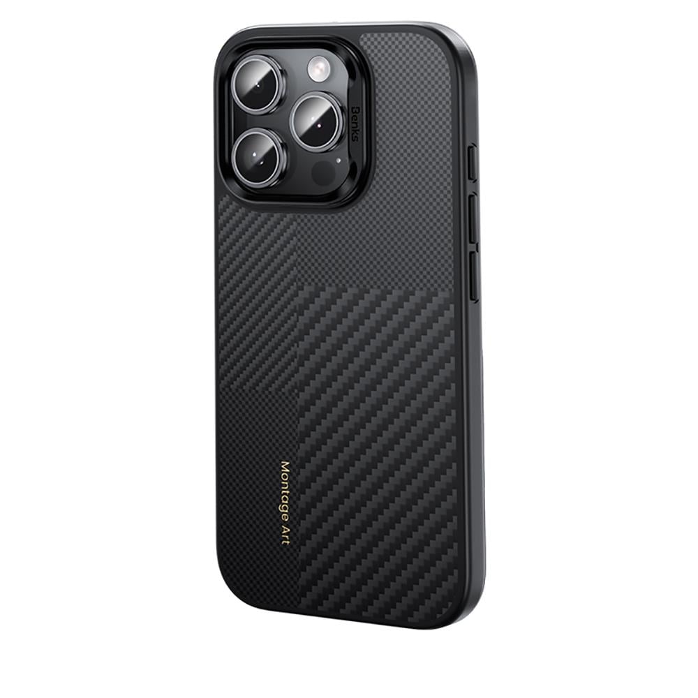 Apple iPhone 16 Pro Max Kılıf Karbon Fiber M-safe Şarj Özellikli Kamerra Kontrol Butonlu Benks Hybrid ArmorPro Montage Kevlar Kapak