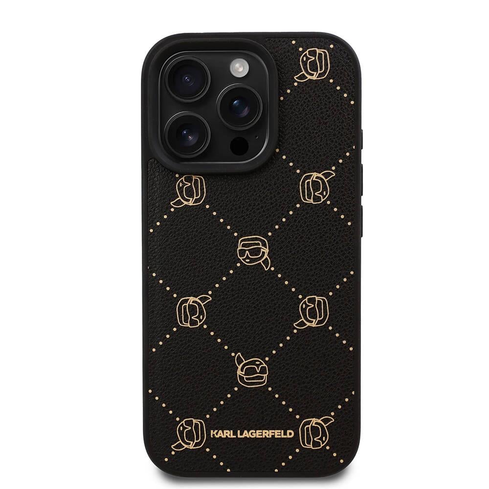 Apple iPhone 16 Pro Max Kılıf Karl Lagerfeld Orjinal Lisanslı M-safe Şarj Özellikli PU Deri Karl Heads Desenli Klasik Logolu Kapak