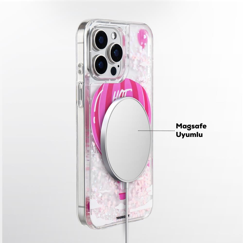 Apple iPhone 16 Pro Max Kılıf M-safe Şarj Özellikli Parlak Kumlu Sıvılı Youngkit Pink Dream Quicksand Serisi Kapak
