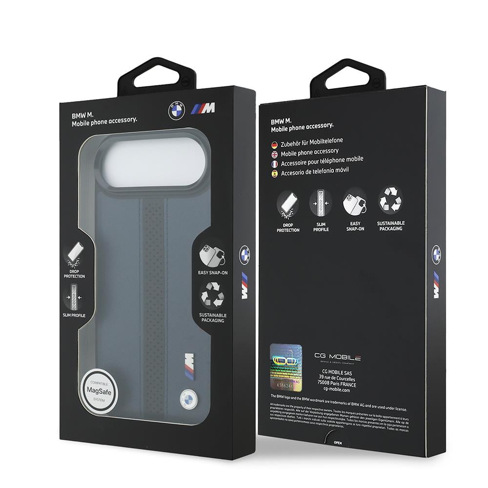 Apple iPhone 17 Air Kılıf BMW Orjinal Lisanslı M-safe Şarj Özellikli Deri Arka Yüzey Metal Logolu Delikli Şerit Tasarımlı Kapak